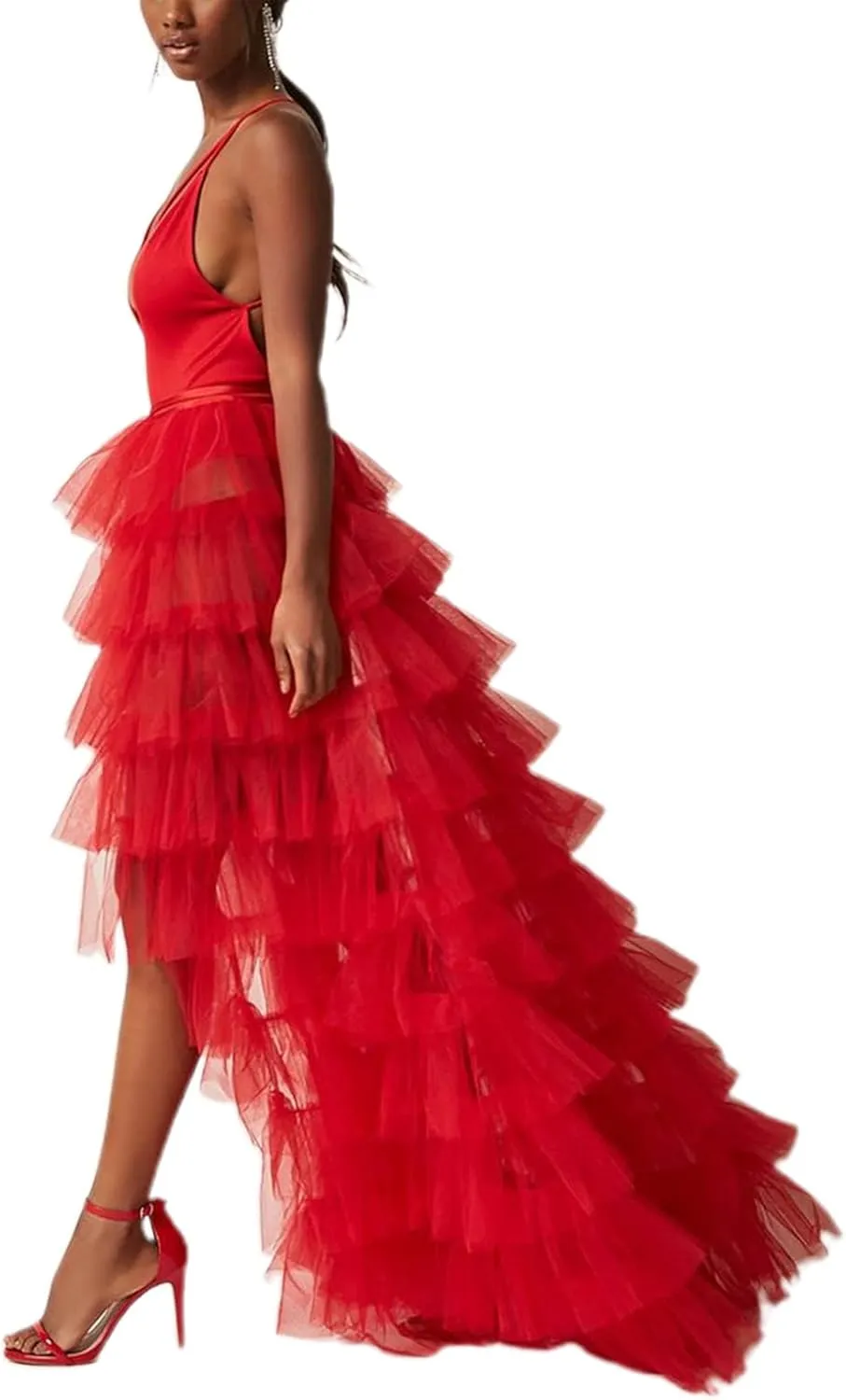 Women Tulle Tutu Long Skirts See-Through Layered Ruffled Slit Mesh Princess Skirt Cocktail Party Beach Skirts