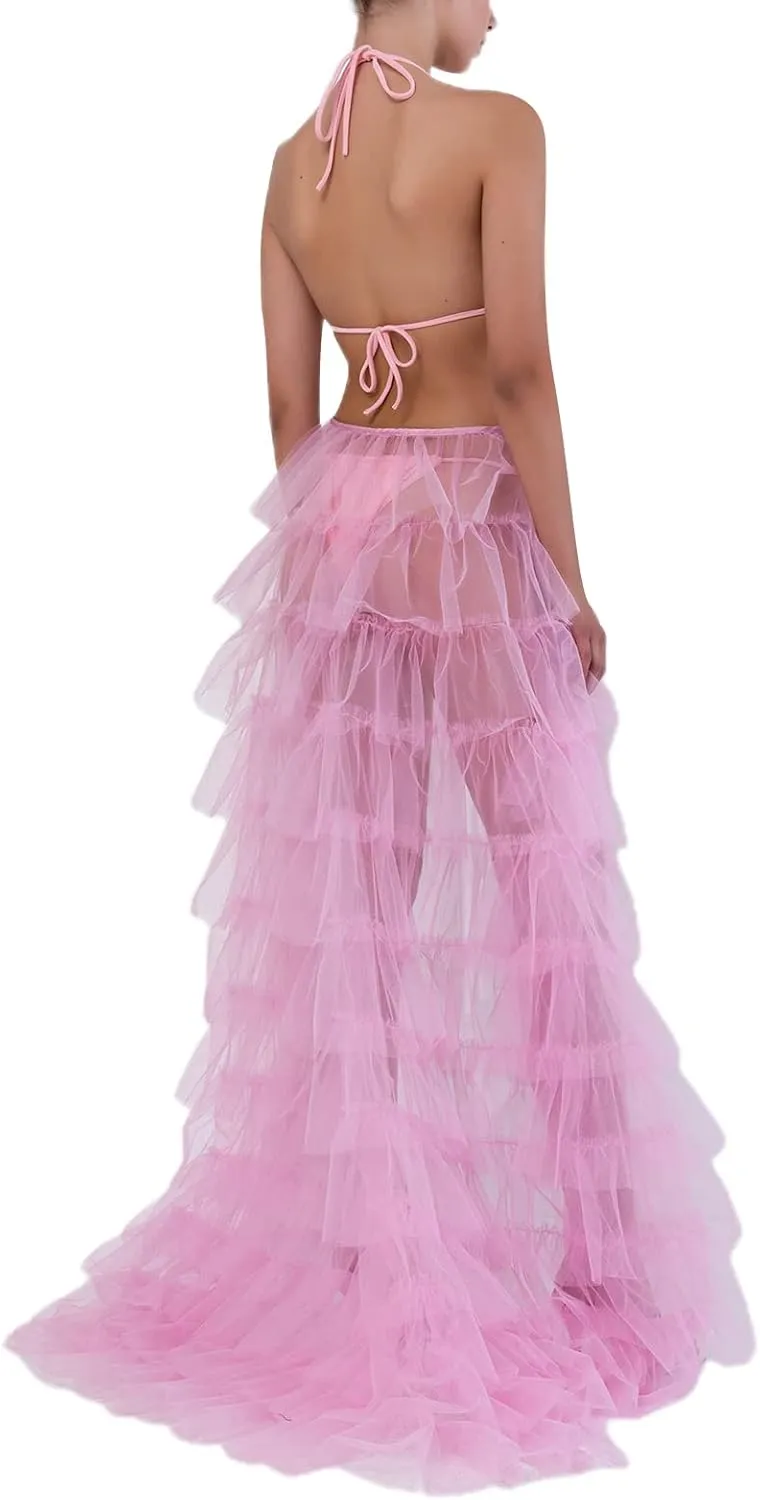 Women Tulle Tutu Long Skirts See-Through Layered Ruffled Slit Mesh Princess Skirt Cocktail Party Beach Skirts
