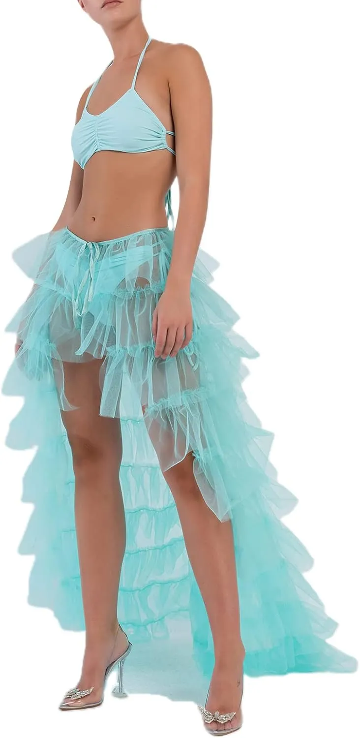 Women Tulle Tutu Long Skirts See-Through Layered Ruffled Slit Mesh Princess Skirt Cocktail Party Beach Skirts