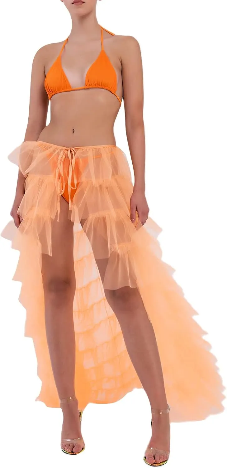 Women Tulle Tutu Long Skirts See-Through Layered Ruffled Slit Mesh Princess Skirt Cocktail Party Beach Skirts
