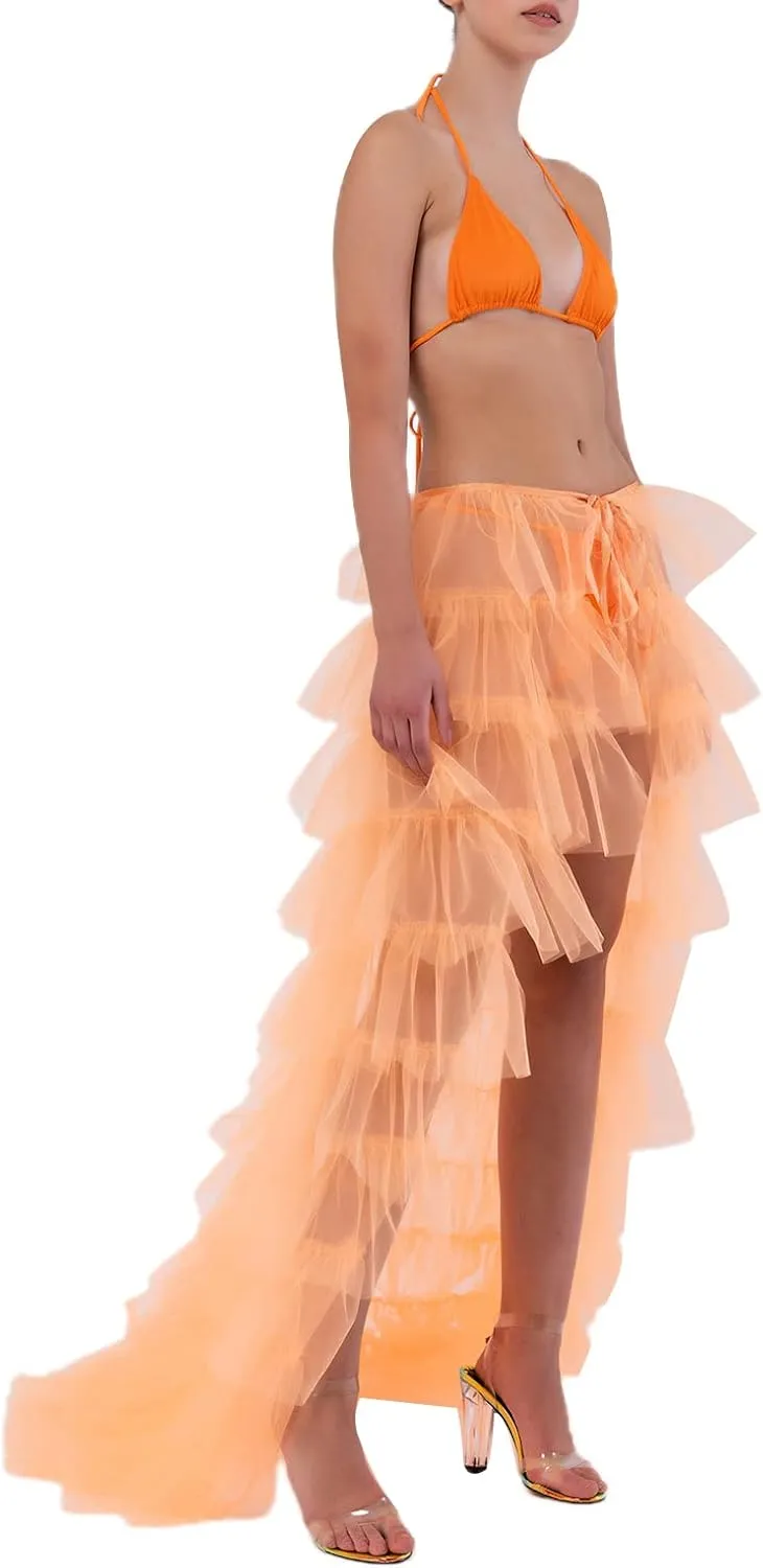 Women Tulle Tutu Long Skirts See-Through Layered Ruffled Slit Mesh Princess Skirt Cocktail Party Beach Skirts