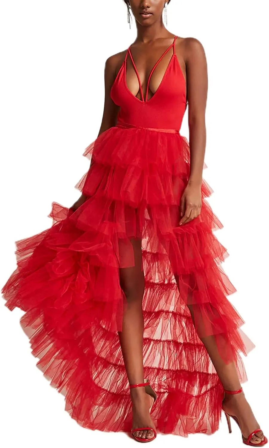 Women Tulle Tutu Long Skirts See-Through Layered Ruffled Slit Mesh Princess Skirt Cocktail Party Beach Skirts