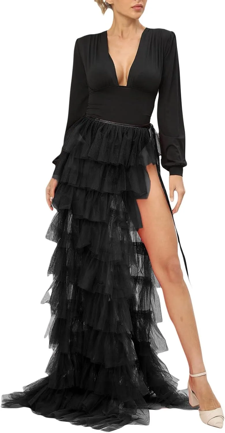 Women Tulle Tutu Long Skirts See-Through Layered Ruffled Slit Mesh Princess Skirt Cocktail Party Beach Skirts