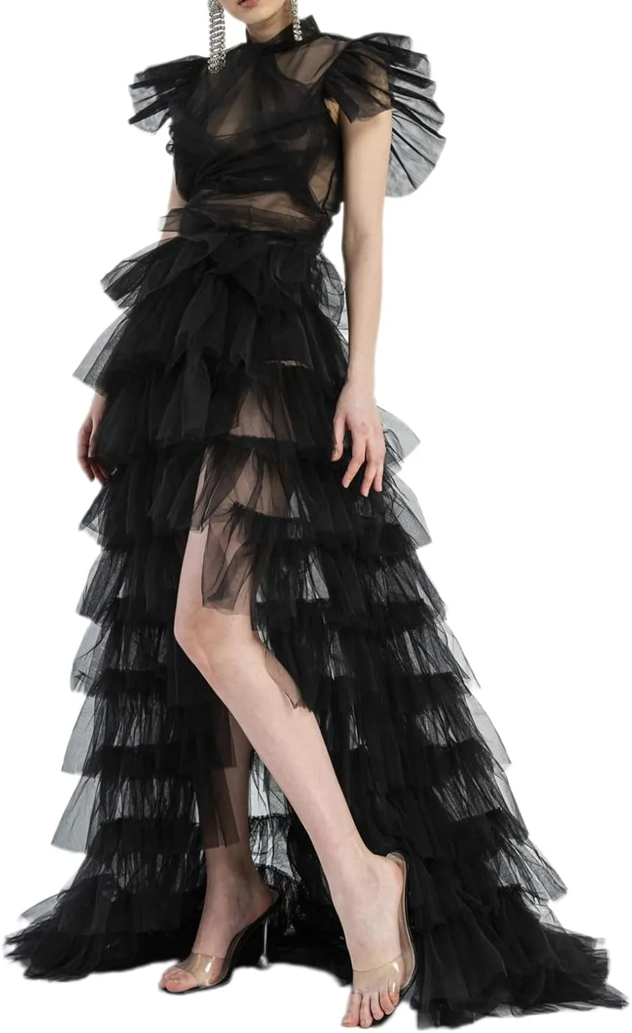 Women Tulle Tutu Long Skirts See-Through Layered Ruffled Slit Mesh Princess Skirt Cocktail Party Beach Skirts