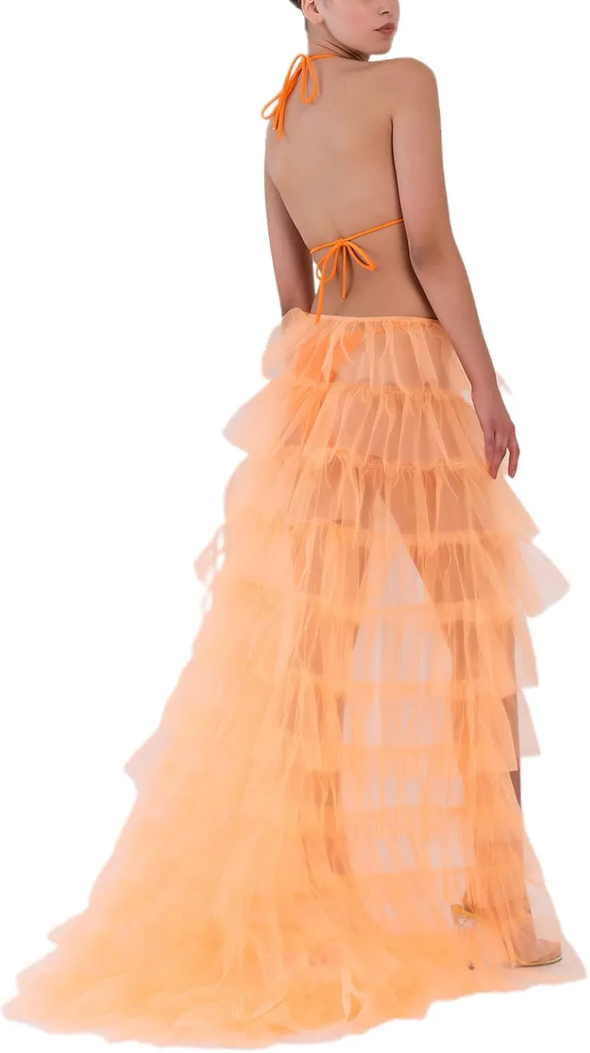 Women Tulle Tutu Long Skirts See-Through Layered Ruffled Slit Mesh Princess Skirt Cocktail Party Beach Skirts