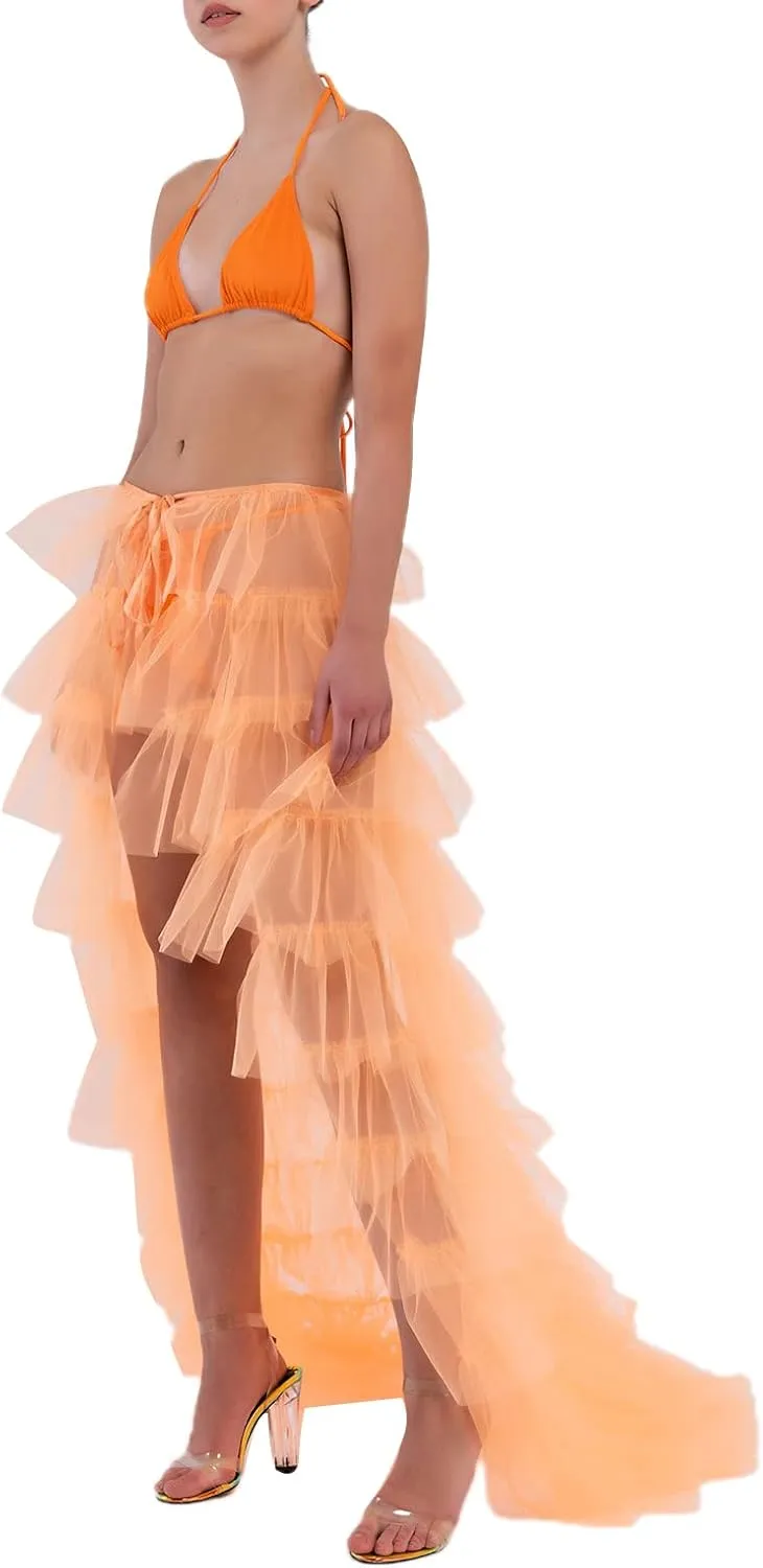 Women Tulle Tutu Long Skirts See-Through Layered Ruffled Slit Mesh Princess Skirt Cocktail Party Beach Skirts