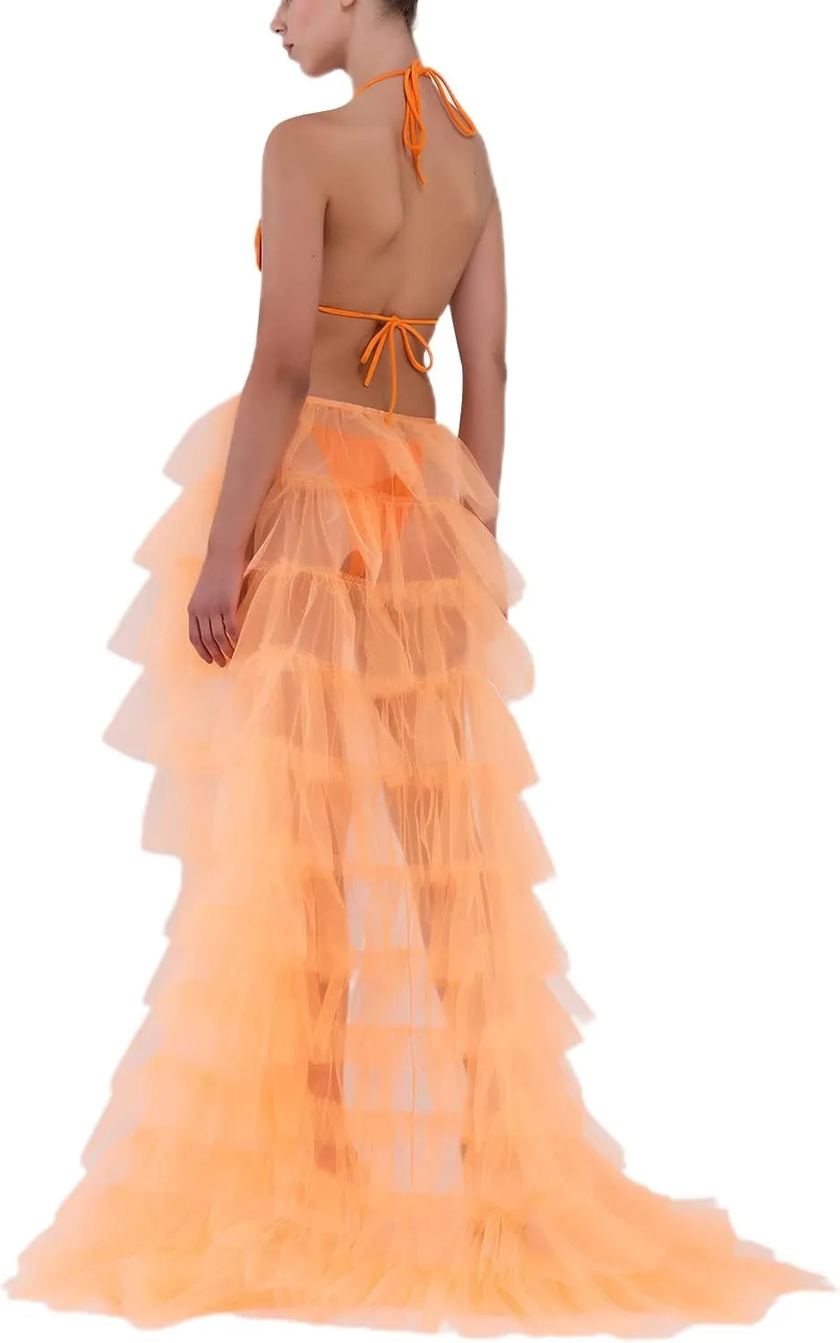 Women Tulle Tutu Long Skirts See-Through Layered Ruffled Slit Mesh Princess Skirt Cocktail Party Beach Skirts