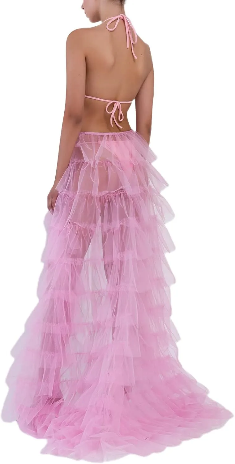Women Tulle Tutu Long Skirts See-Through Layered Ruffled Slit Mesh Princess Skirt Cocktail Party Beach Skirts