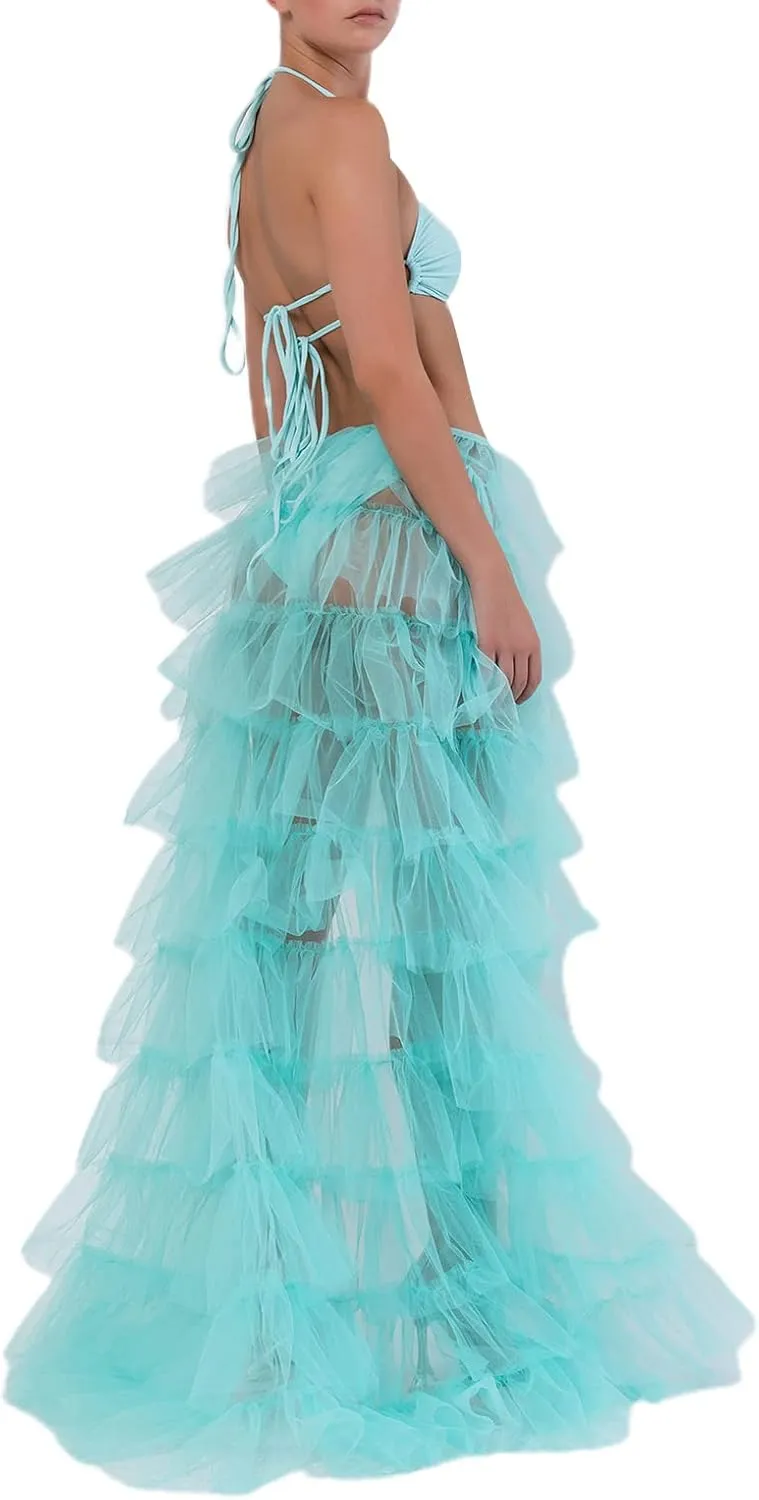 Women Tulle Tutu Long Skirts See-Through Layered Ruffled Slit Mesh Princess Skirt Cocktail Party Beach Skirts