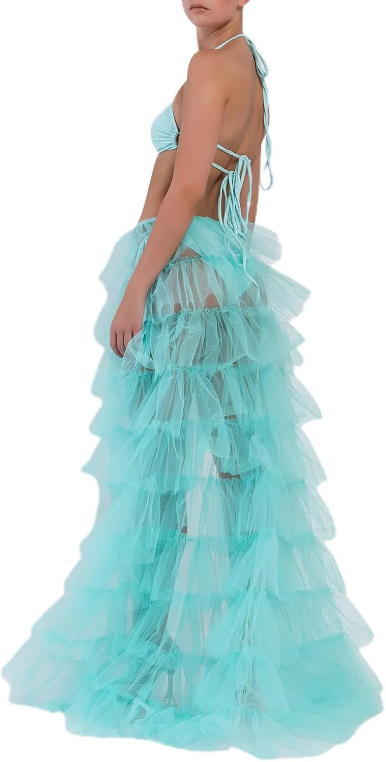 Women Tulle Tutu Long Skirts See-Through Layered Ruffled Slit Mesh Princess Skirt Cocktail Party Beach Skirts