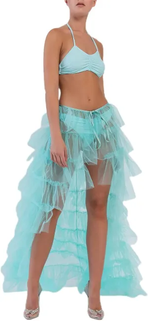 Women Tulle Tutu Long Skirts See-Through Layered Ruffled Slit Mesh Princess Skirt Cocktail Party Beach Skirts