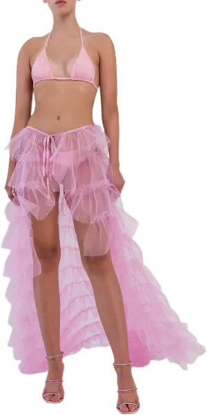Women Tulle Tutu Long Skirts See-Through Layered Ruffled Slit Mesh Princess Skirt Cocktail Party Beach Skirts