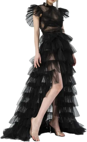 Women Tulle Tutu Long Skirts See-Through Layered Ruffled Slit Mesh Princess Skirt Cocktail Party Beach Skirts