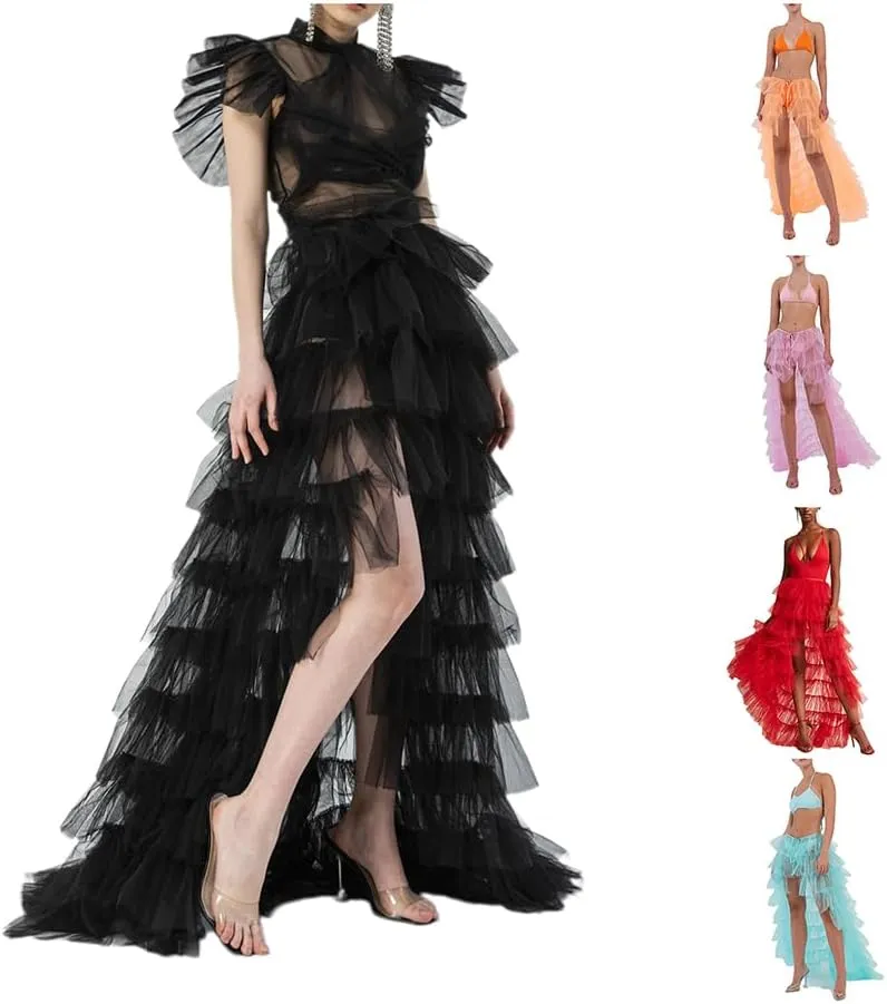 Women Tulle Tutu Long Skirts See-Through Layered Ruffled Slit Mesh Princess Skirt Cocktail Party Beach Skirts