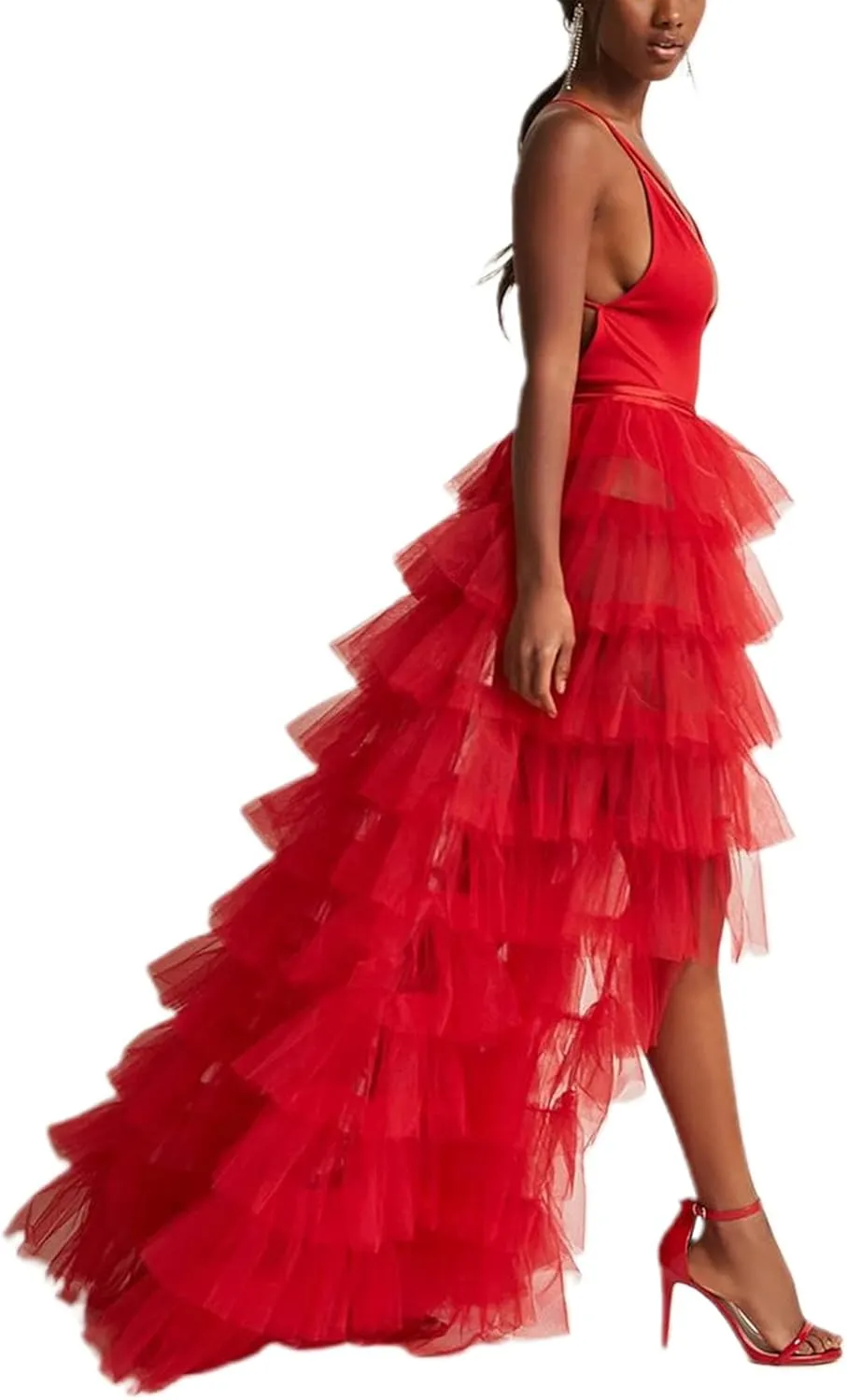 Women Tulle Tutu Long Skirts See-Through Layered Ruffled Slit Mesh Princess Skirt Cocktail Party Beach Skirts