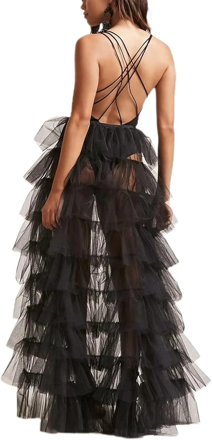 Women Tulle Tutu Long Skirts See-Through Layered Ruffled Slit Mesh Princess Skirt Cocktail Party Beach Skirts