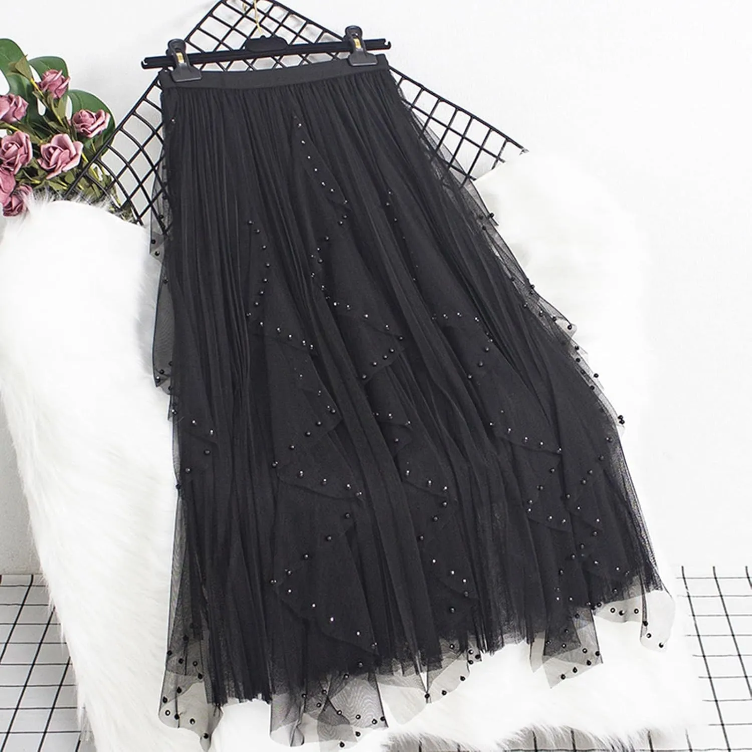 Women Tutu Tulle Long Skirt Elastic High Waist Layered Skirt Mesh Midi Skirt Irregular A-Line Beading Party Skirts