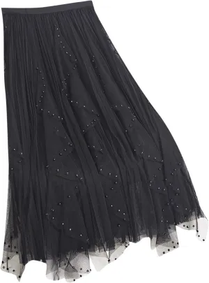 Women Tutu Tulle Long Skirt Elastic High Waist Layered Skirt Mesh Midi Skirt Irregular A-Line Beading Party Skirts