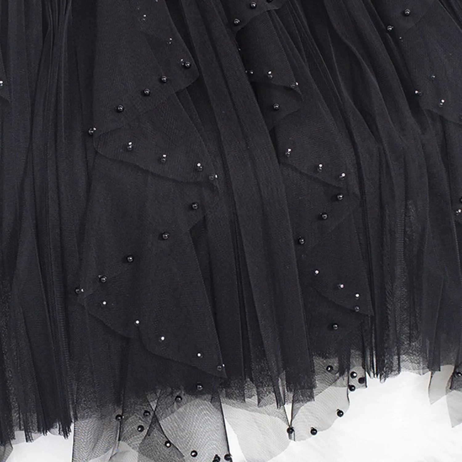 Women Tutu Tulle Long Skirt Elastic High Waist Layered Skirt Mesh Midi Skirt Irregular A-Line Beading Party Skirts