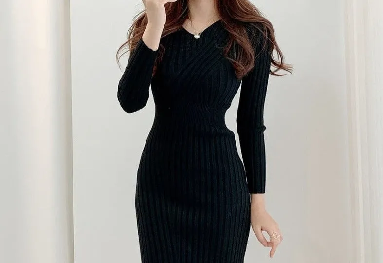 Women Vintage Robe Retro V-neck Bodycon Dress