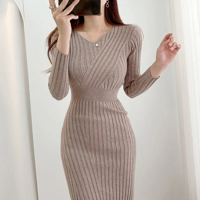 Women Vintage Robe Retro V-neck Bodycon Dress