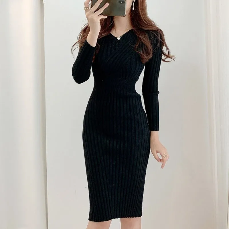 Women Vintage Robe Retro V-neck Bodycon Dress