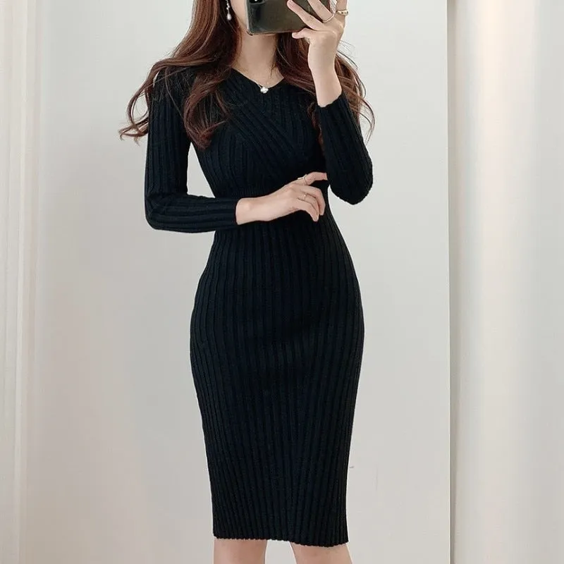 Women Vintage Robe Retro V-neck Bodycon Dress