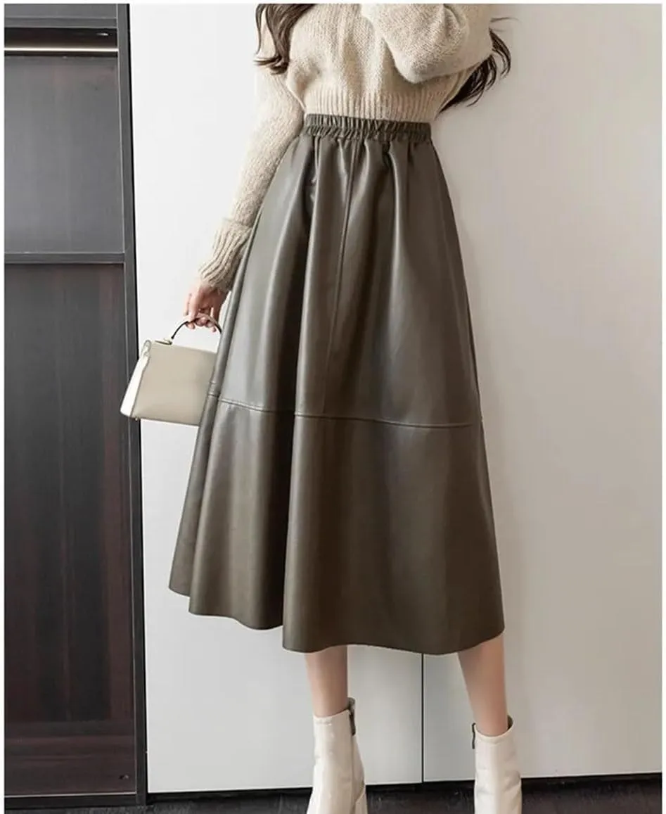 Women Winter Skirts Solid Pu Leather Umbrella Skirts with Pockets Gray Midi Skirt