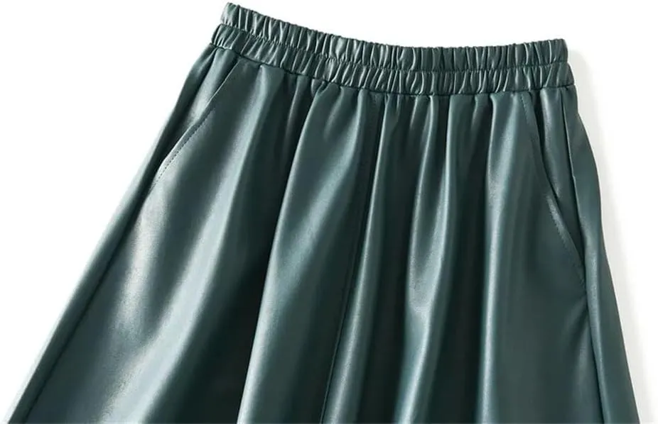 Women Winter Skirts Solid Pu Leather Umbrella Skirts with Pockets Gray Midi Skirt