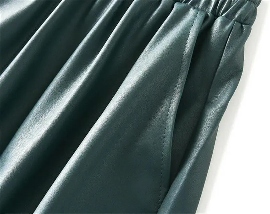 Women Winter Skirts Solid Pu Leather Umbrella Skirts with Pockets Gray Midi Skirt