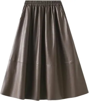 Women Winter Skirts Solid Pu Leather Umbrella Skirts with Pockets Gray Midi Skirt