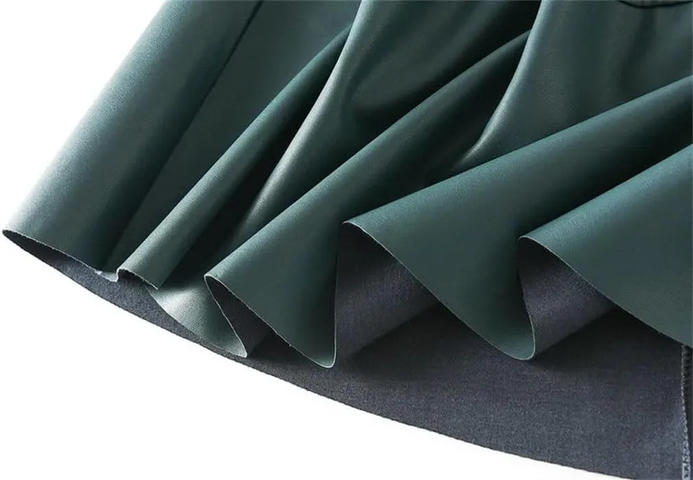 Women Winter Skirts Solid Pu Leather Umbrella Skirts with Pockets Gray Midi Skirt