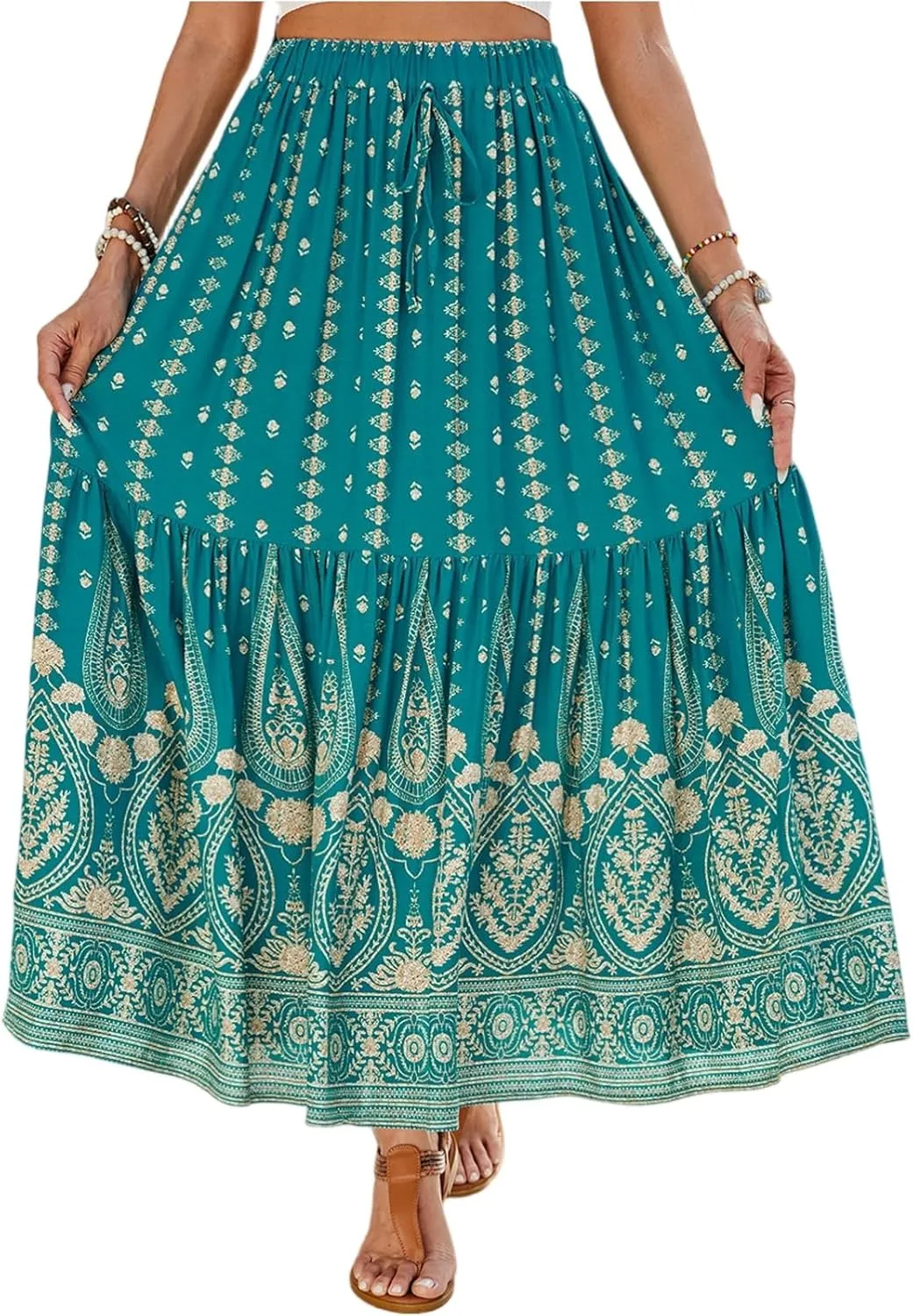 Women's 2025 Boho Skirt High Waist Floral Pleated Tiered Beach Flowy A Line Maxi Skirt, S-XL
