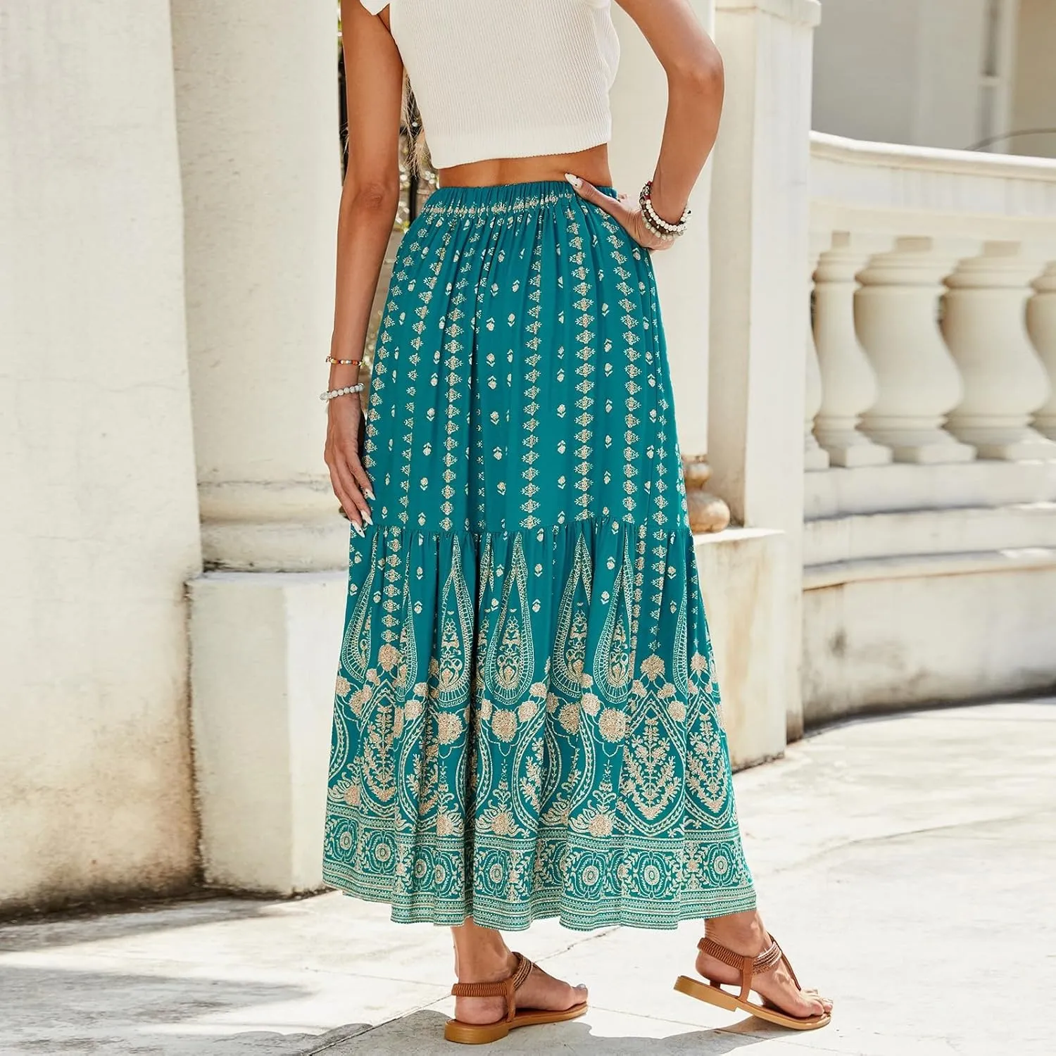 Women's 2025 Boho Skirt High Waist Floral Pleated Tiered Beach Flowy A Line Maxi Skirt, S-XL