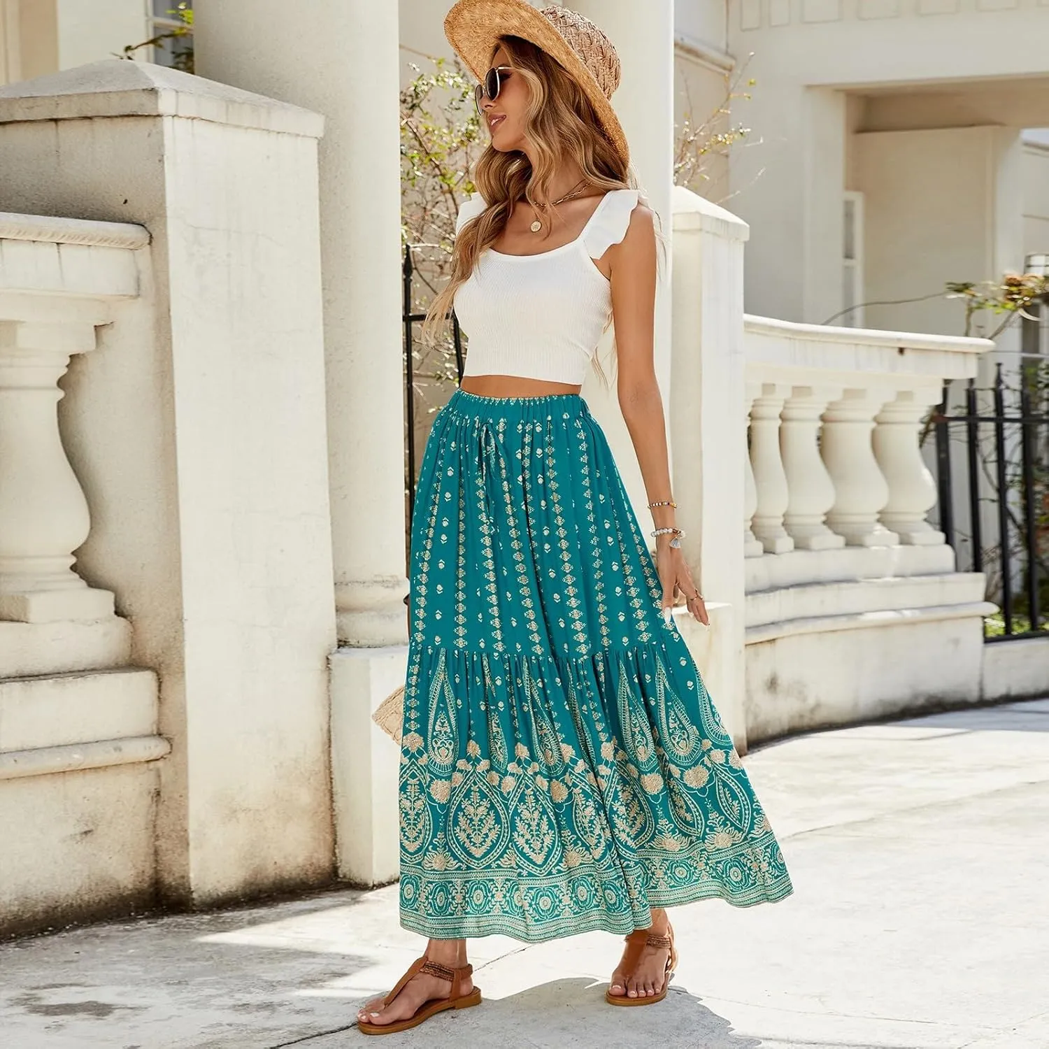 Women's 2025 Boho Skirt High Waist Floral Pleated Tiered Beach Flowy A Line Maxi Skirt, S-XL