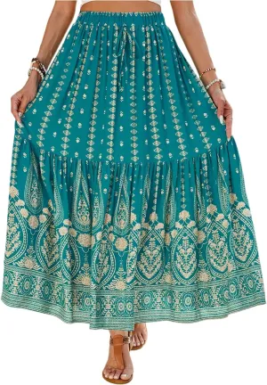 Women's 2025 Boho Skirt High Waist Floral Pleated Tiered Beach Flowy A Line Maxi Skirt, S-XL