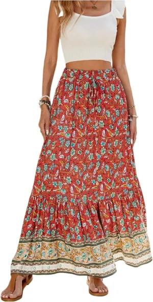 Women's 2025 Boho Skirt High Waist Floral Pleated Tiered Beach Flowy A Line Maxi Skirt, S-XL