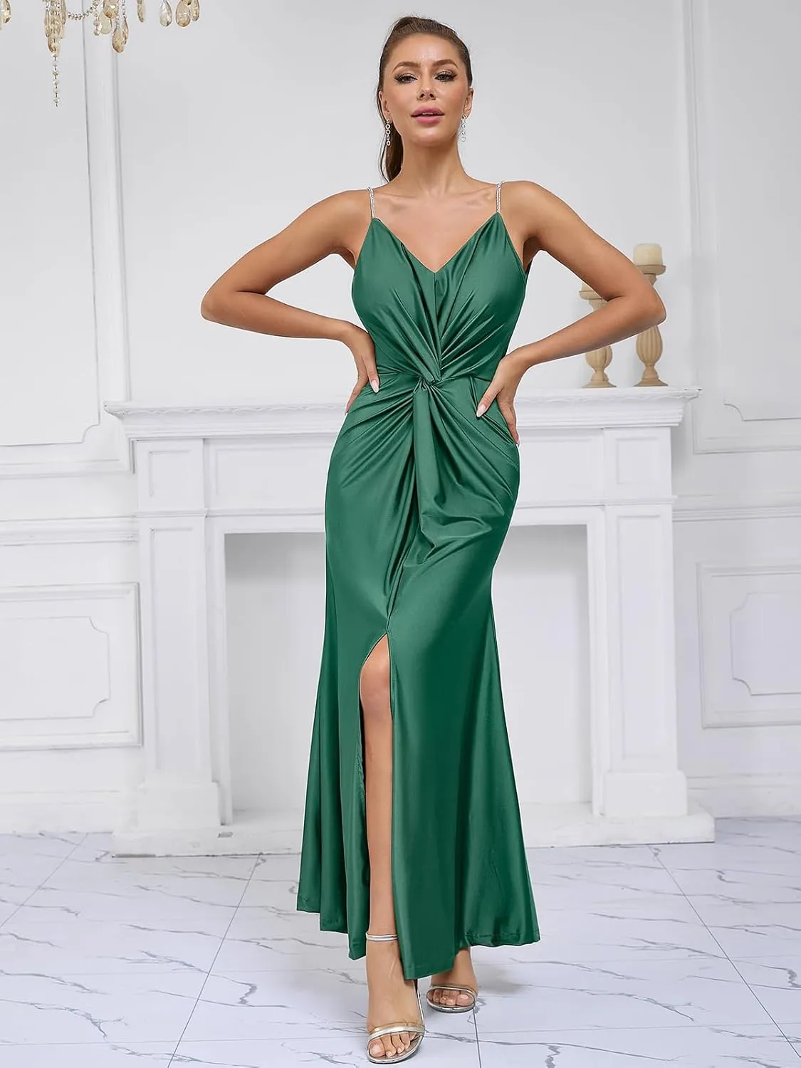 Women's 2025 Summer Formal Dresses Elegant Evening Party Cocktail Sexy Ruched Wedding Guest Maxi Dress