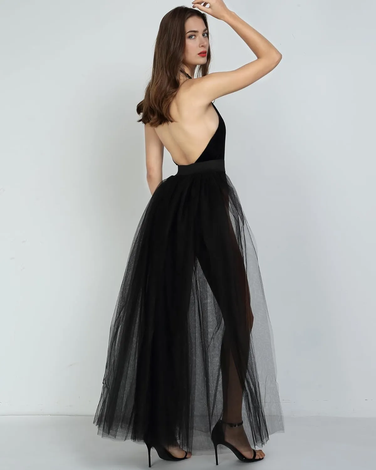 Women's 4 Layers Maxi Tulle Overlay Long Tutu Tulle Dresses Floor Length Elastic Waist Bustle Skirt for Festival Party