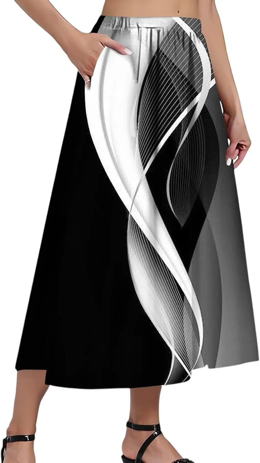 Womens A-Line Midi Skirts Casual Elastic High Waist Flowy Swing Pleated Beach Boho Long Skirt with Pocket