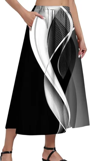 Womens A-Line Midi Skirts Casual Elastic High Waist Flowy Swing Pleated Beach Boho Long Skirt with Pocket
