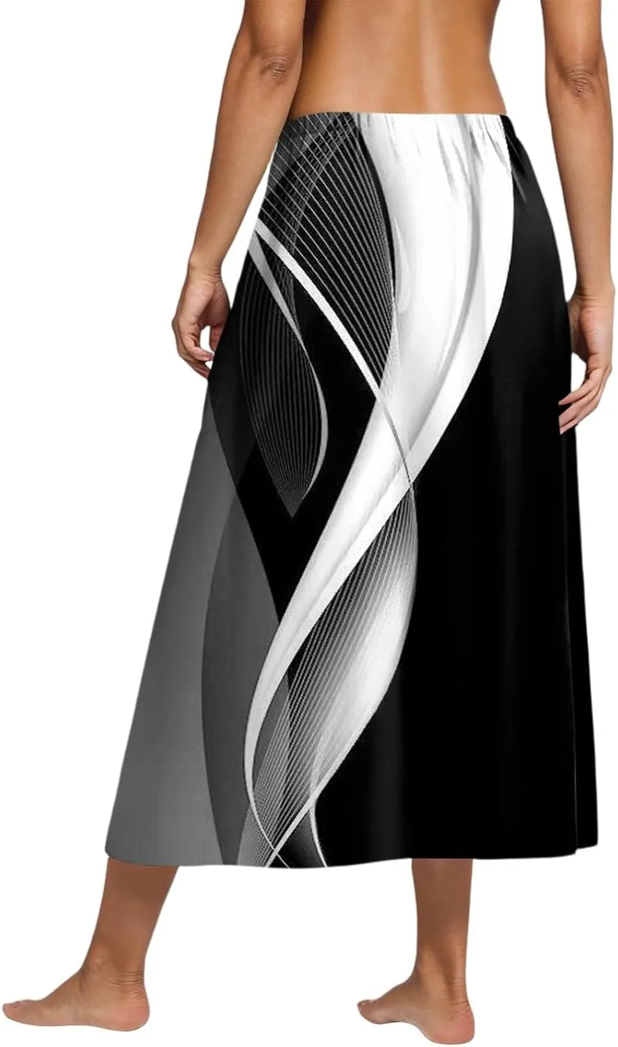 Womens A-Line Midi Skirts Casual Elastic High Waist Flowy Swing Pleated Beach Boho Long Skirt with Pocket