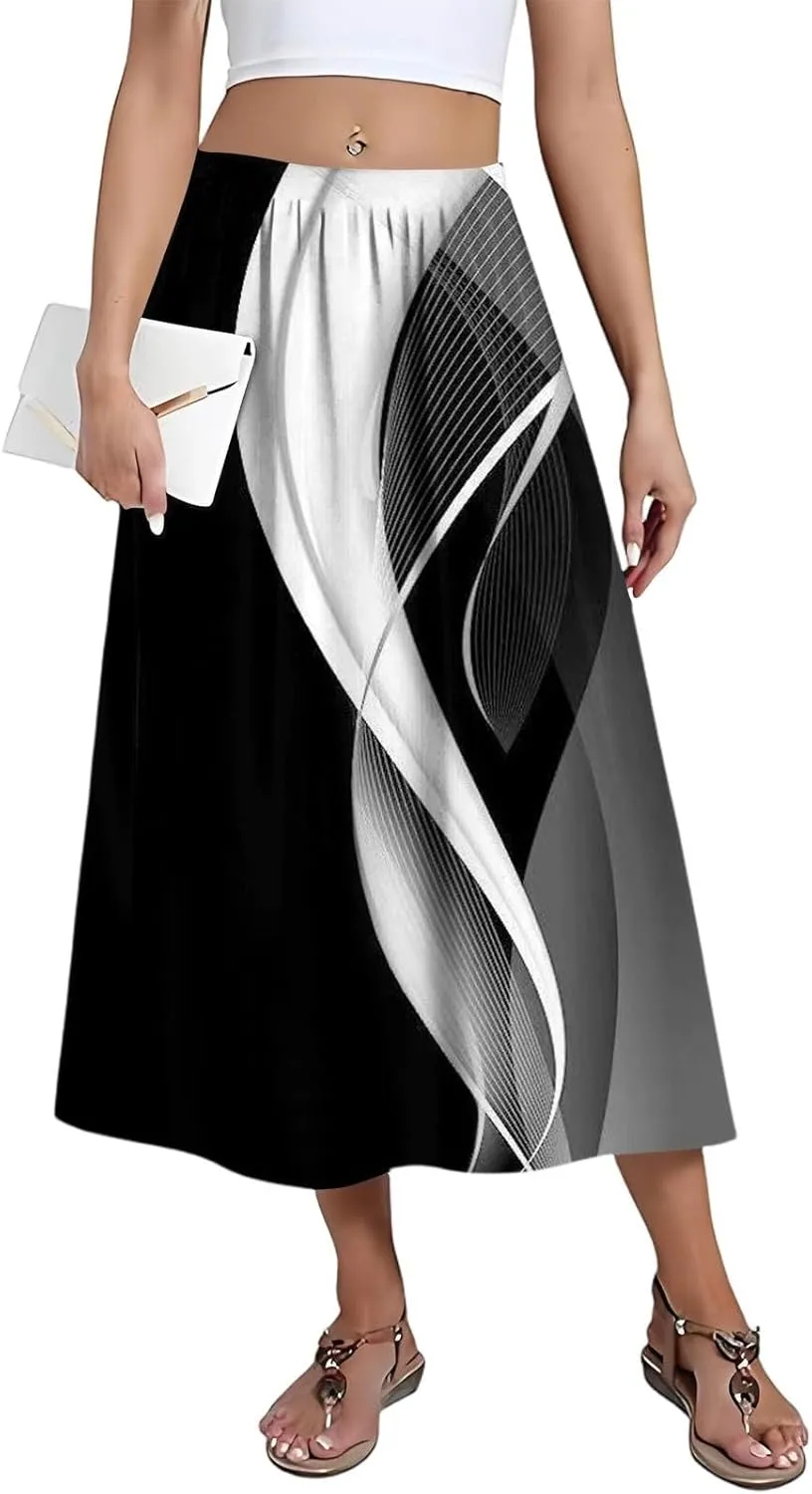 Womens A-Line Midi Skirts Casual Elastic High Waist Flowy Swing Pleated Beach Boho Long Skirt with Pocket