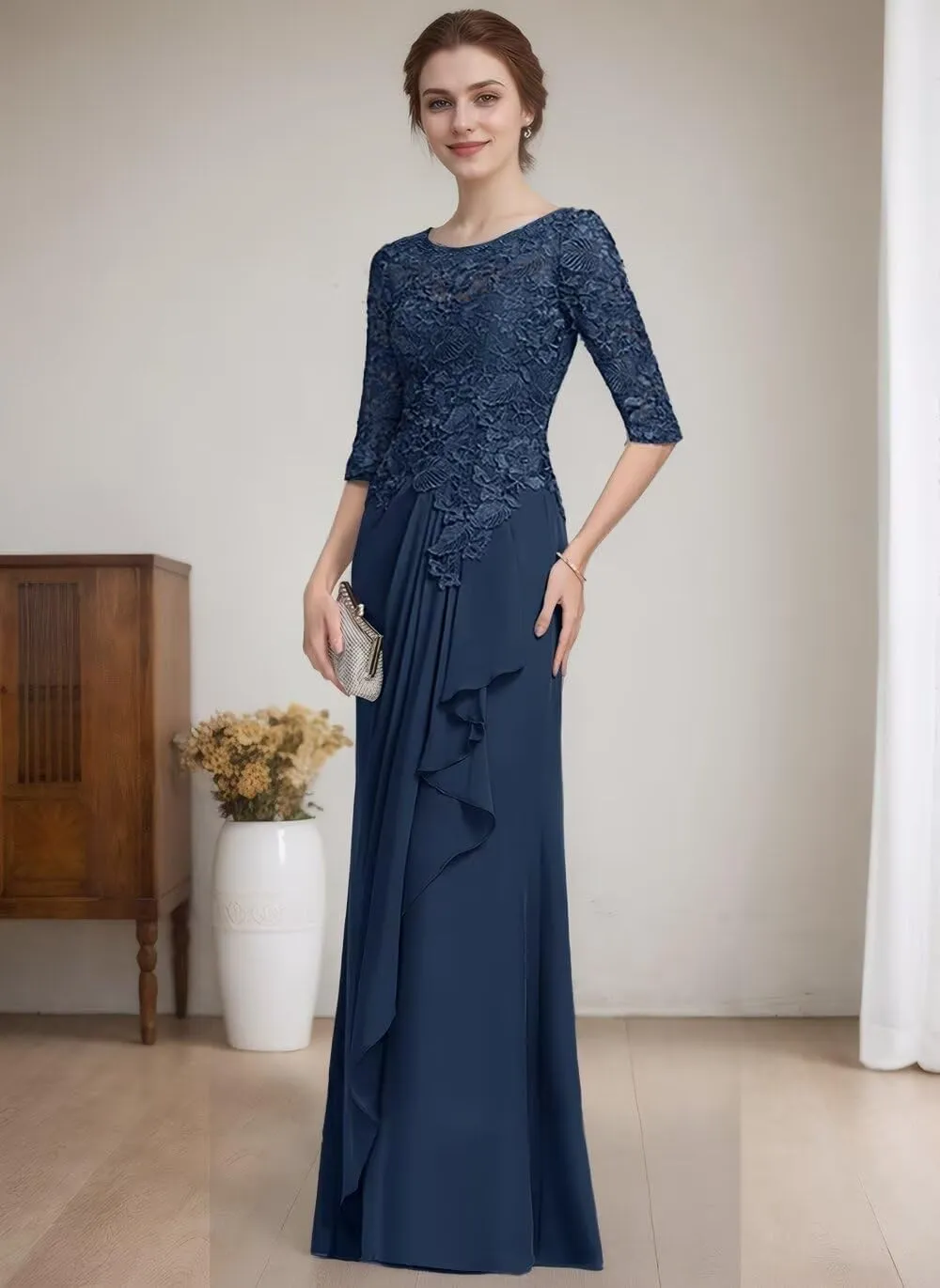 Women's A-Line Scoop Illusion Half Sleeves Mother of The Bride Dresses Lace Chiffon Formal Evening Party Dresses