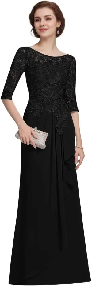 Women's A-Line Scoop Illusion Half Sleeves Mother of The Bride Dresses Lace Chiffon Formal Evening Party Dresses