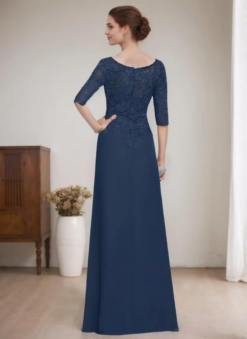 Women's A-Line Scoop Illusion Half Sleeves Mother of The Bride Dresses Lace Chiffon Formal Evening Party Dresses