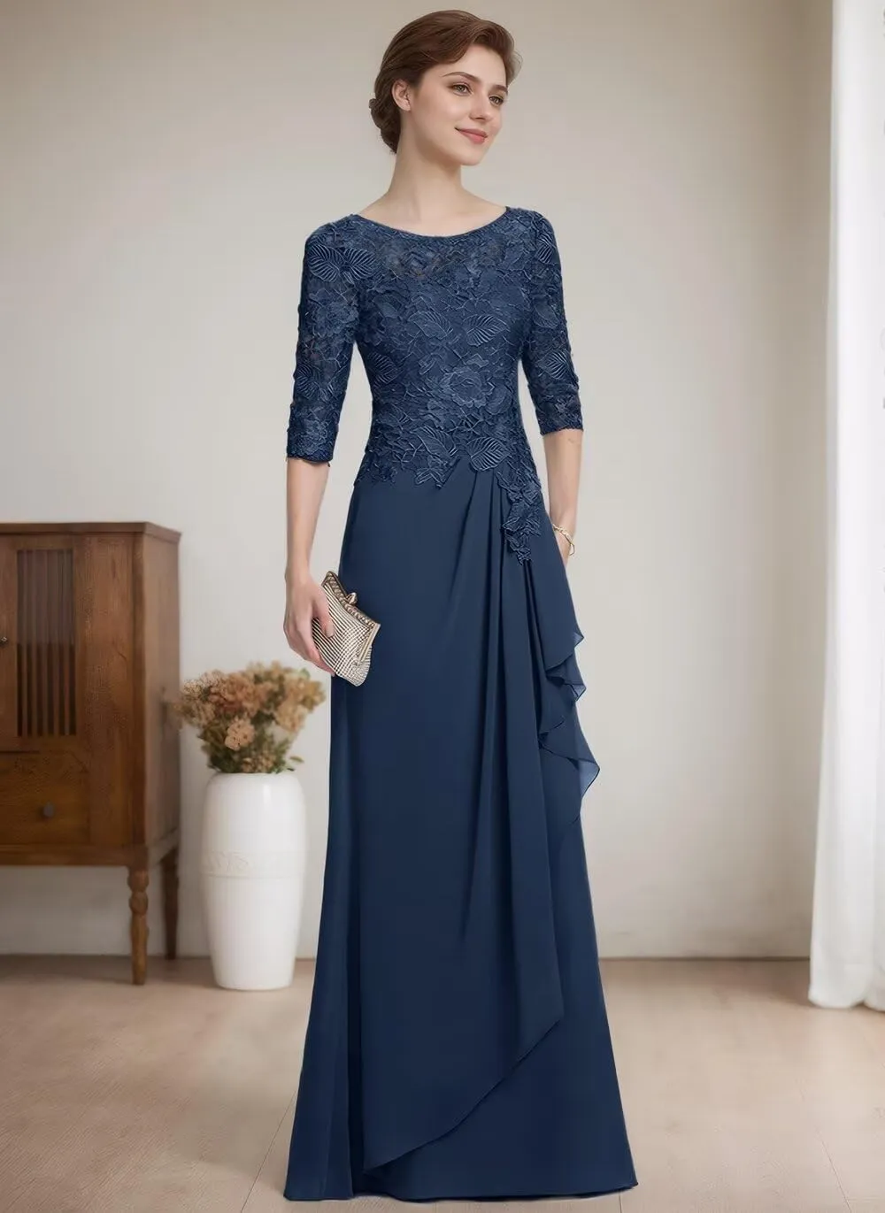 Women's A-Line Scoop Illusion Half Sleeves Mother of The Bride Dresses Lace Chiffon Formal Evening Party Dresses