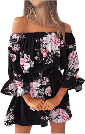 Women's Bodycon Dresses Summer Loose Casual Trendy Dress Cold Shoulder Floral Printed Ruffle Sleeve Dresses, S-3XL