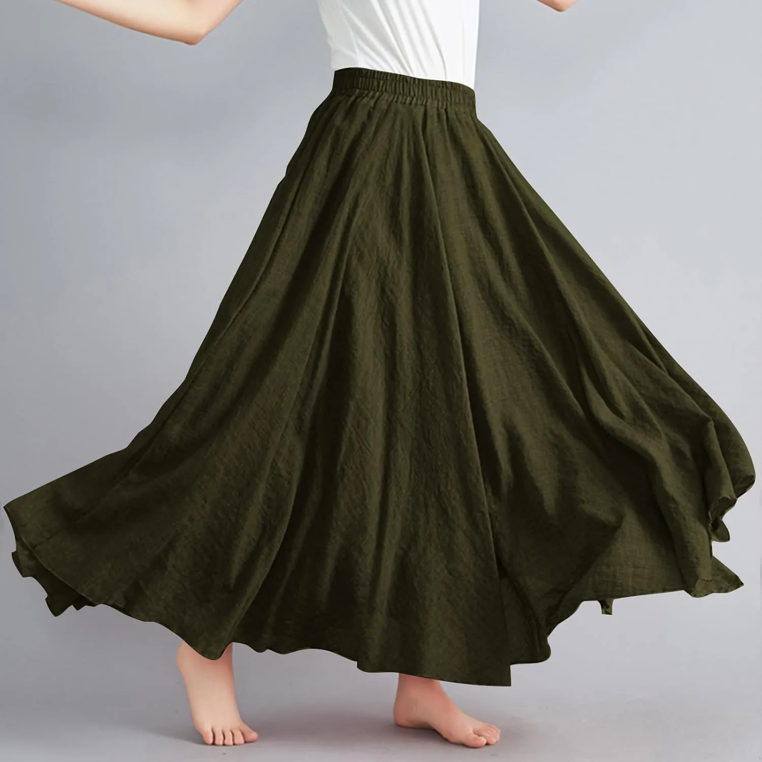 Women's Bohemian Style Elastic Waist Band Linen Long Maxi Skirt Dress Casual Summer Baggy A-Line Flowy Swing Skirts