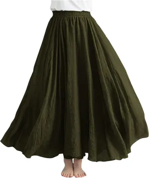 Women's Bohemian Style Elastic Waist Band Linen Long Maxi Skirt Dress Casual Summer Baggy A-Line Flowy Swing Skirts